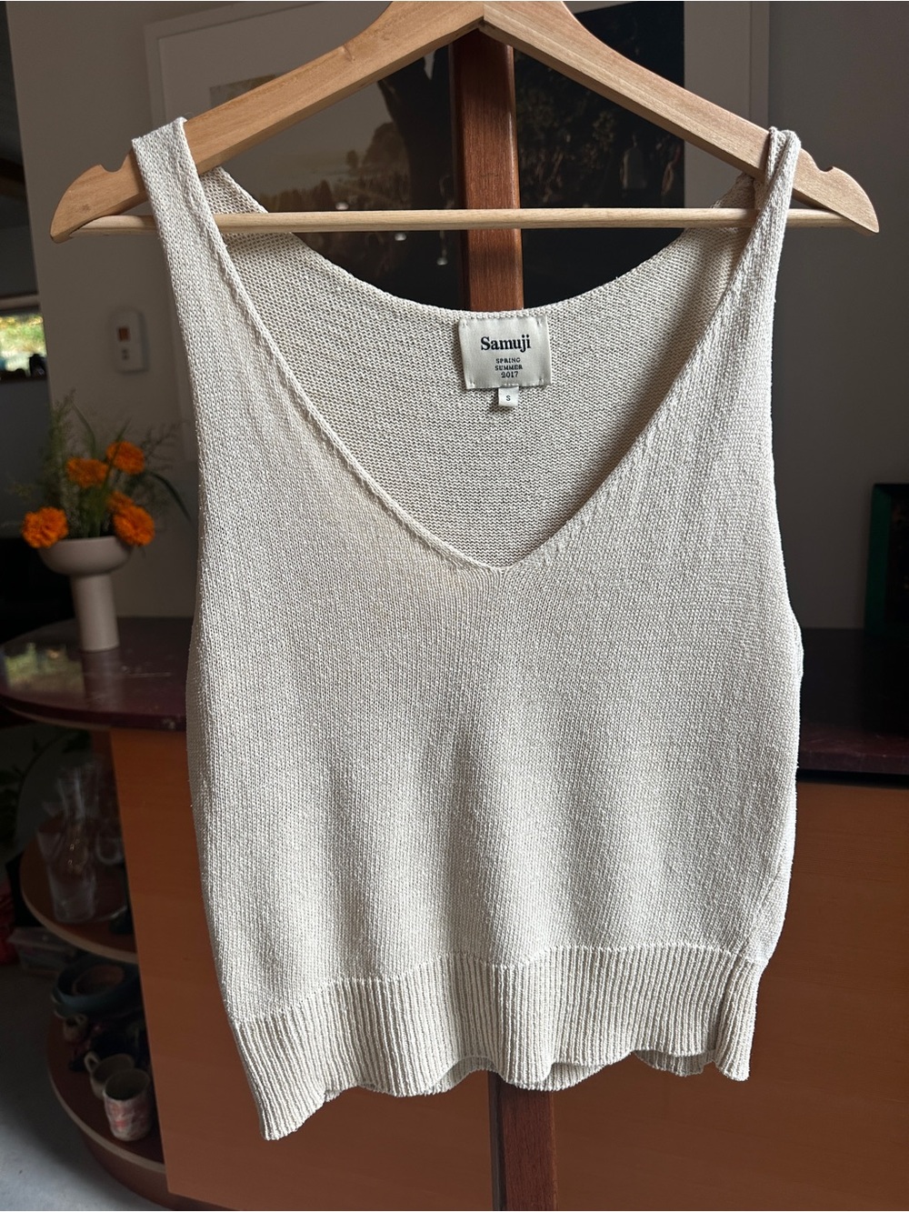Samuji Cream V-Neck Knit Tank Top